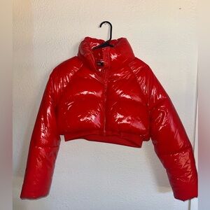 Zara Crop Glossy Cherry Puffer Jacket